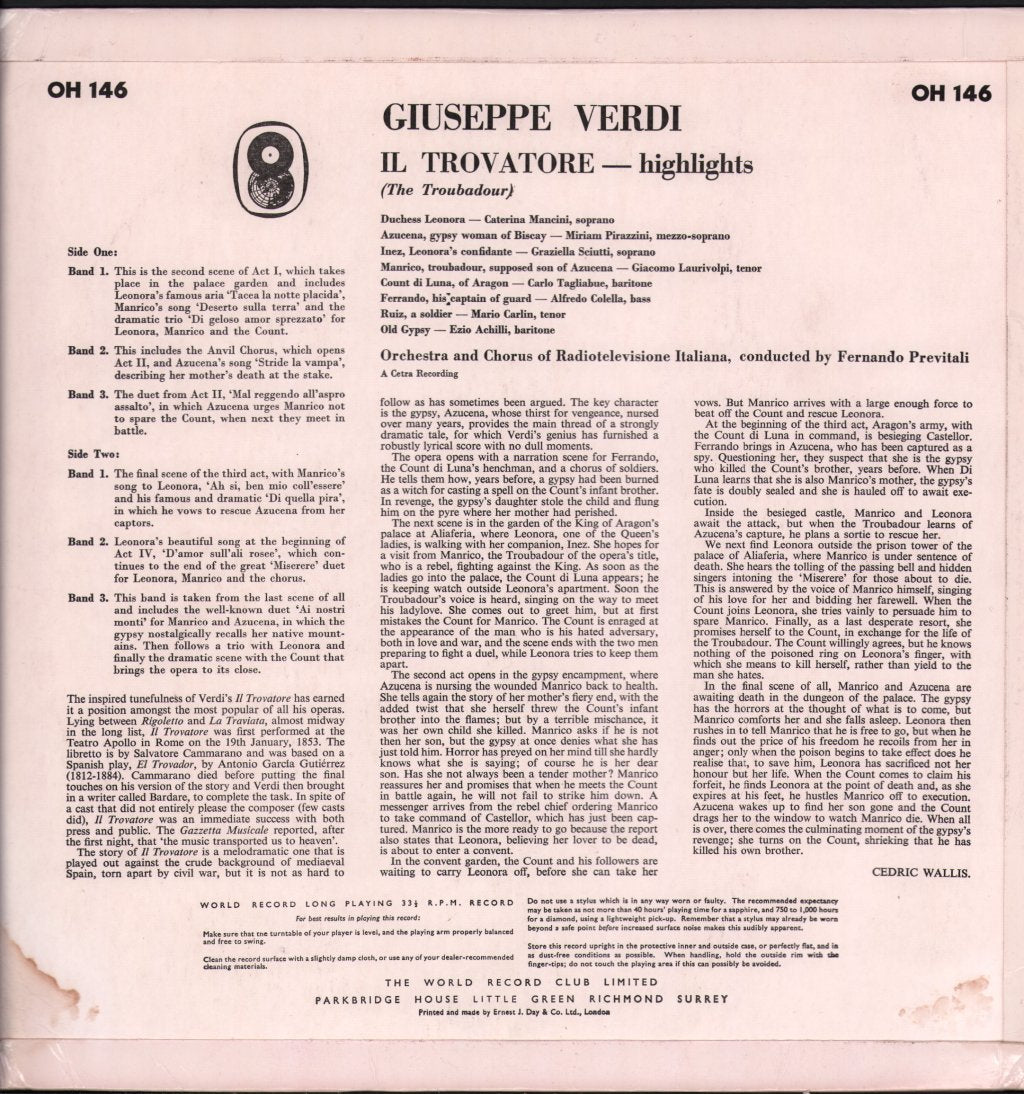 Orchestra and Chorus of Radiotelevisione Italiana / Fernando Previtali - Verdi - Il Trovatore Highlights - Lp