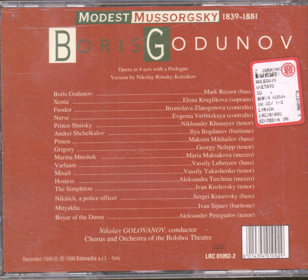 Chorus And Orchestra of the Bolshoi Theatre, Nikolay Golovanov - Mussorgsky - Boris Godunov - Double Cd
