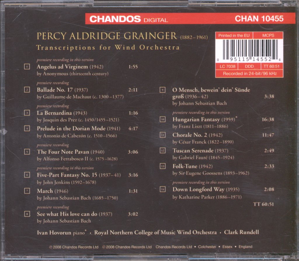 Royal Northern College Of Music Wind Orchestra, Clark Rundell - Percy Granger - Transcriptions For Wind Orchestra - Cd