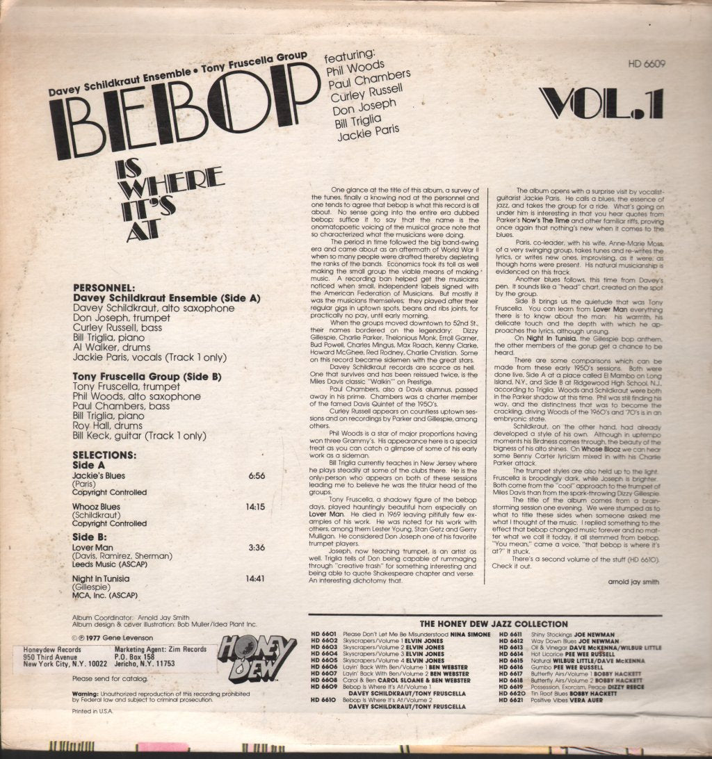 Davey Schildkraut Ensemble / Tony Fruscella Group - Bebop Is Where It's At Vol 1 - Lp
