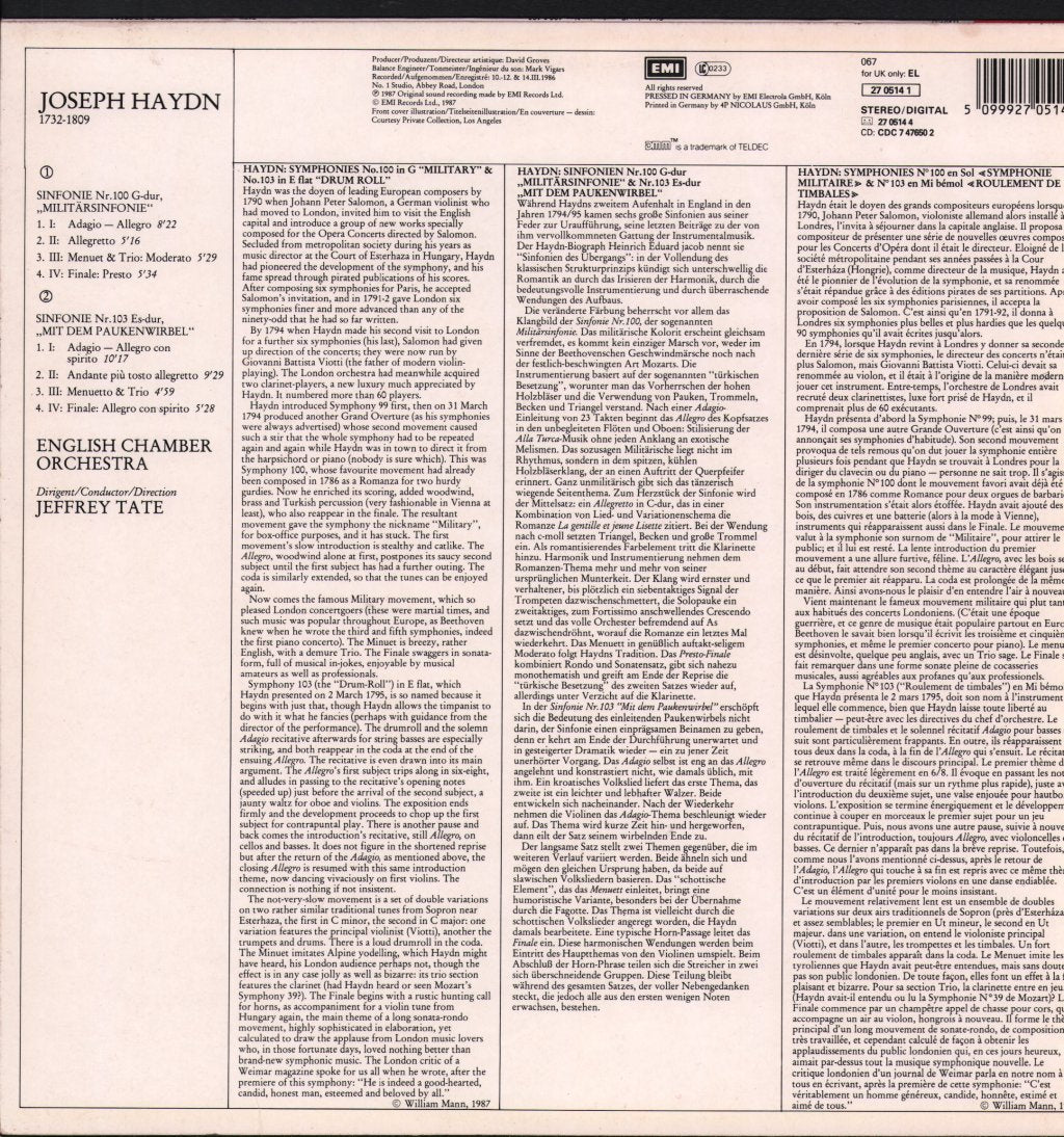 Jeffrey Tate / English Chamber Orchestra - Haydn - Sinfonien -  Symphonies No.100 / No.103 - Lp