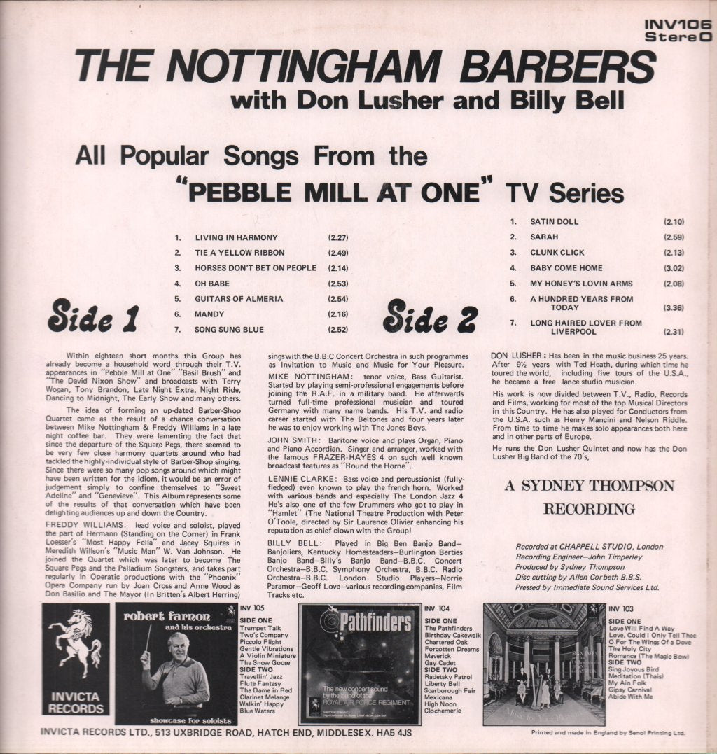 Nottingham Barbers WITH DON LUSHER AND BILLY BELL - POPULAR SONGS FROM THE Pebble Mill At One TV SERIES - Lp