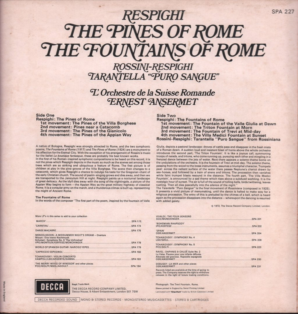 Ernest Ansermet - respighi the Pines Of Rome / The Fountains Of Rome - Lp