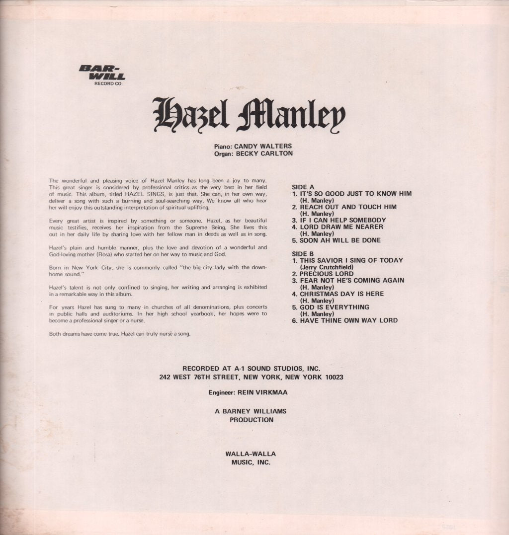Hazel Manley - Sings It's So Good Just To Know Him - Lp