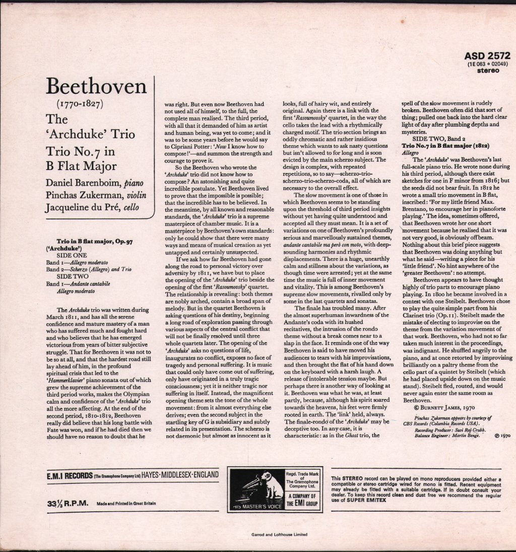 Jacqueline Du Pre / Pinchas Zukerman / Daniel Barenboim - Beethoven - Archduke Trio - Lp