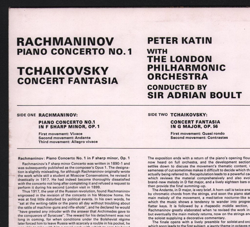 Peter Katin / London Philharmonic Orchestra / Sir Adrian Boult - Rachmaninov - Piano Concerto No. 1 / Tchaikovsky - Concert Fantasia - Lp