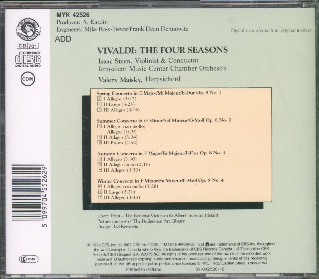 Jerusalem Music Center Chamber Orchestra, Isaac Stern - Vivaldi -  Four Seasons - Cd