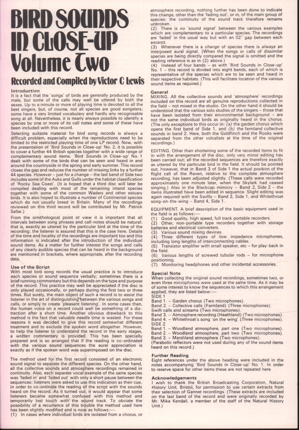 Victor C. Lewis - Bird Sounds In Close-Up Volume Two - Lp