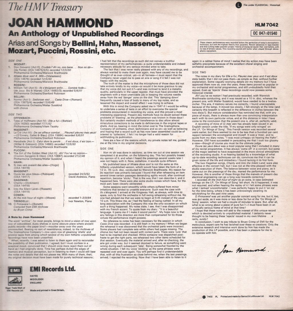 Joan Hammond - An Anthology of Unpublished Recordings - Lp