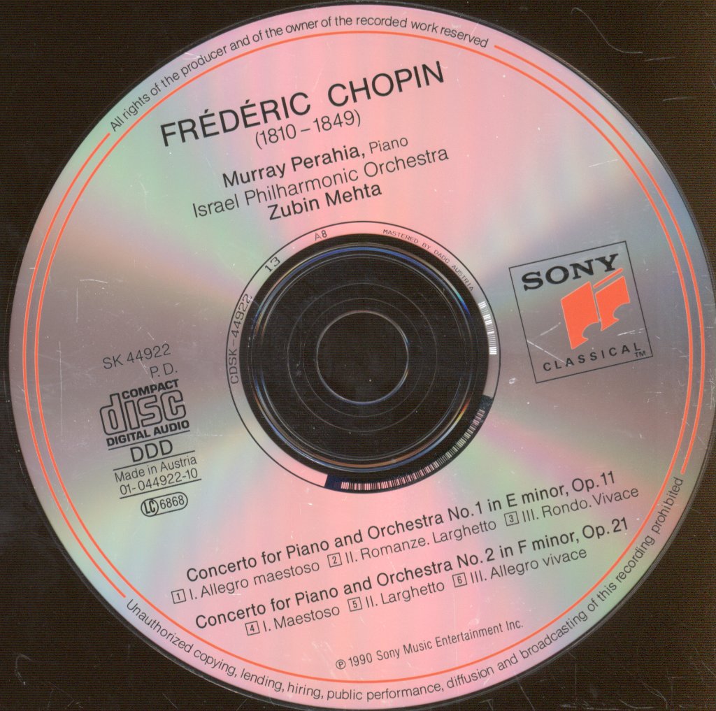 Murray Perahia, Israel Philharmonic / Zubin Mehta - Chopin: Piano Concertos Nos. 1 & 2 - Cd