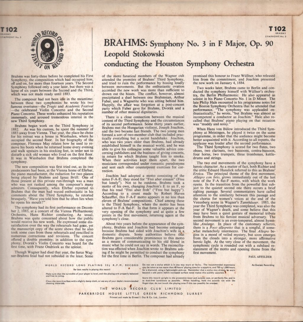 Leopold Stokowski / Houston Symphony Orchestra - Brahms - Symphony No. 3 In F Major, Opus 90 - Lp