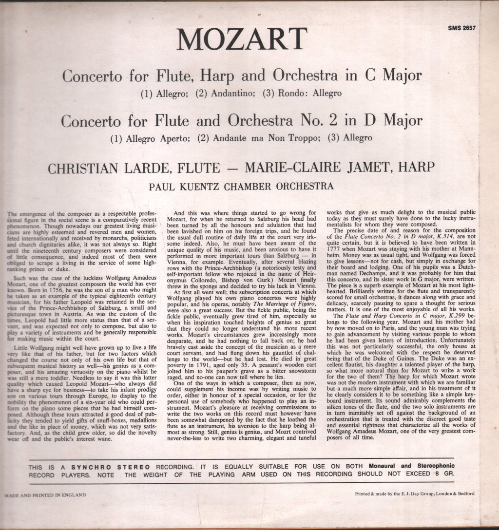 Christian Larde / Marie-Claire Jamet / Paul Kuentz Chamber Orchestra - Mozart - Concertos For Flute, Harp And Orchestra - Lp
