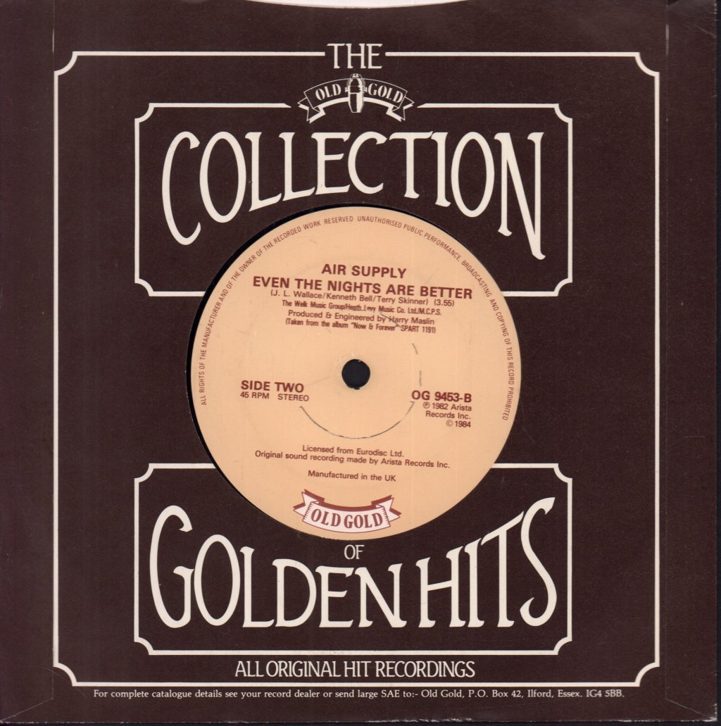 Air Supply - All Out Of Love / Even The Nights Are Better - 7 Inch