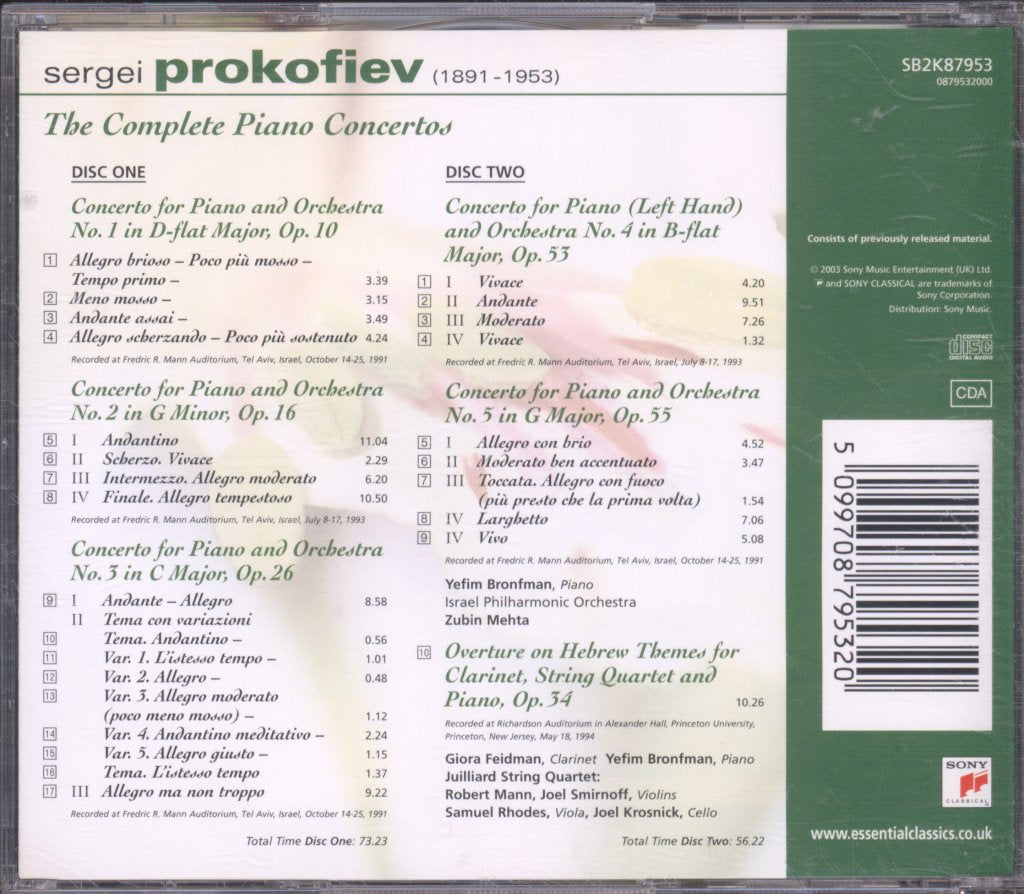 Israel Philharmonic Orchestra Zubin Mehta - Prokofiev - Piano Concertos - Double Cd
