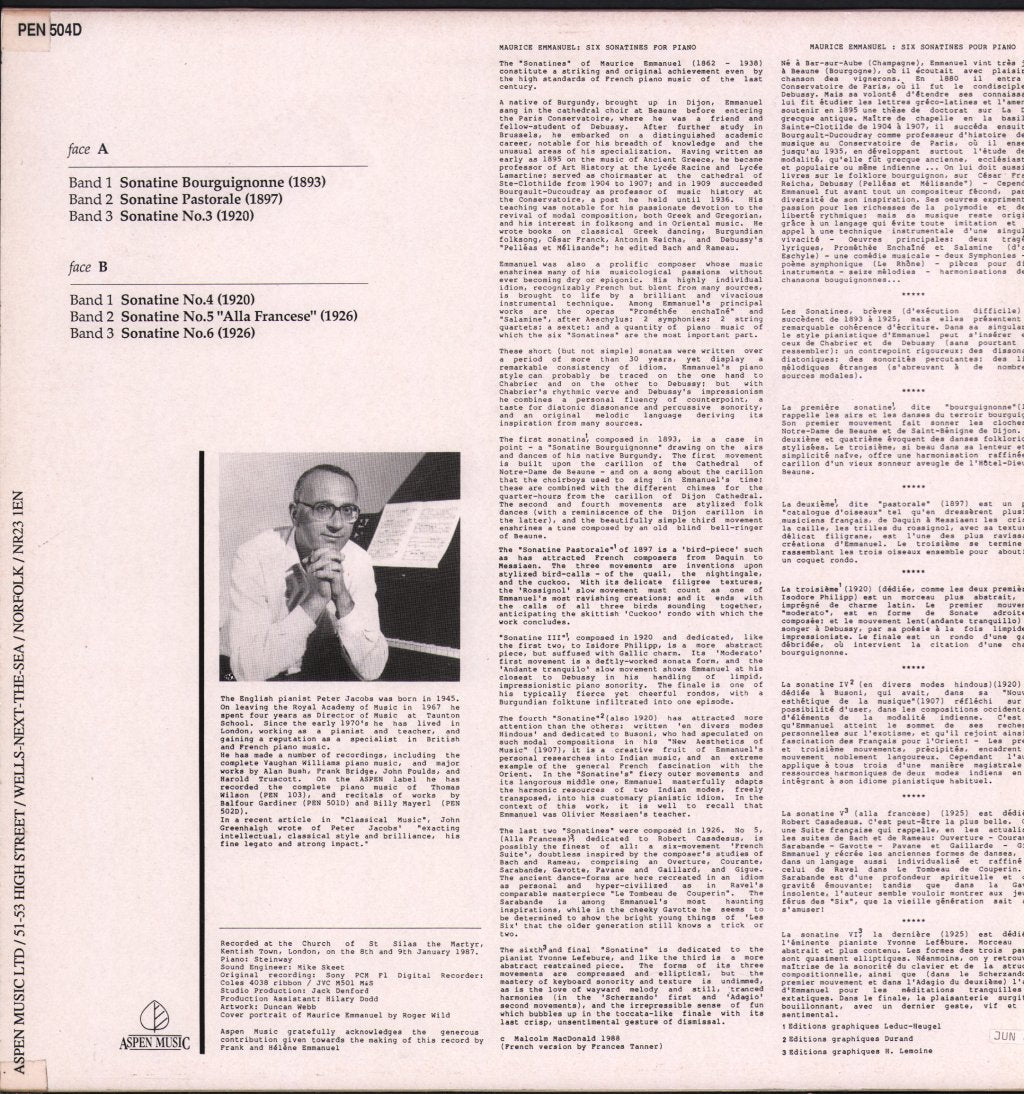 Peter Jacobs - Maurice Emmanuel - Six Sonatines - Lp