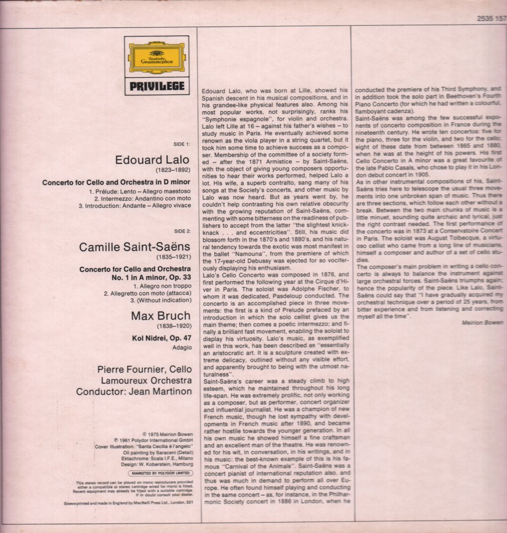 edouard lalo / camille saint-saens / max bruch - Concerto For Violoncello And Orchestra - Lp