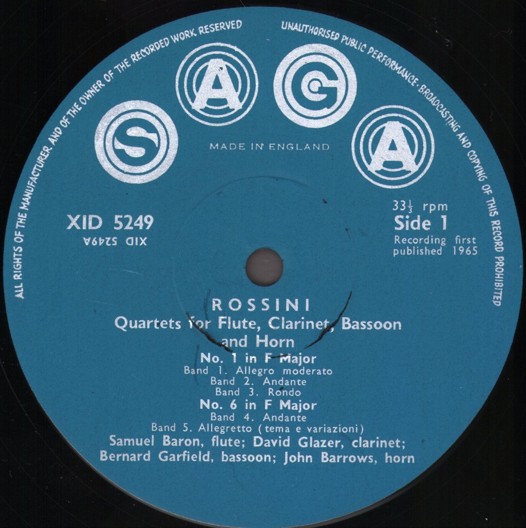 Samuel Baron / David Glazer / Bernard Garfield / John Barrows - Rossini - Quartets For  Flute, Clarinet, Bassoon And Horn - Lp