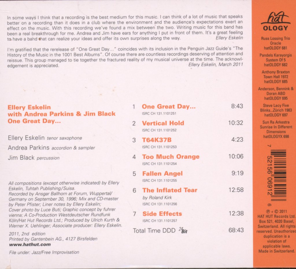 Ellery Eskelin with Andrea Parkins & Jim Black - One Great Day... - Cd