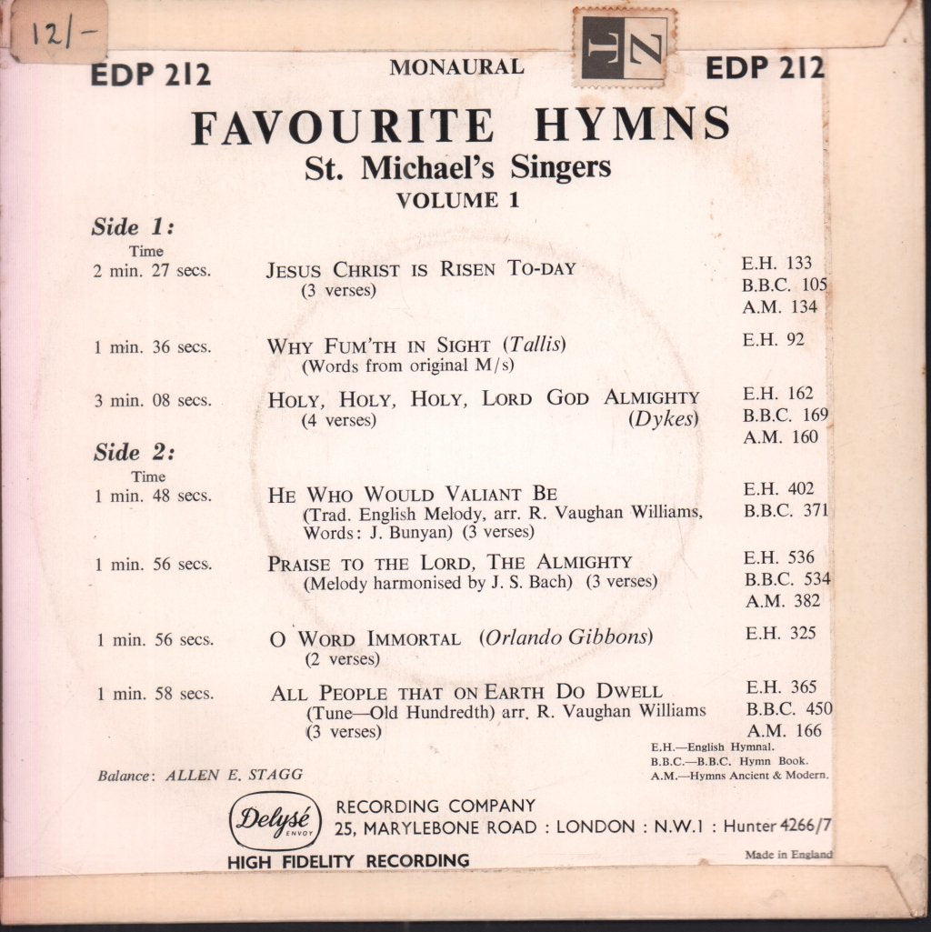 St. Michael's Singers - Favourite Hymns, Volume 1 - 7 Inch