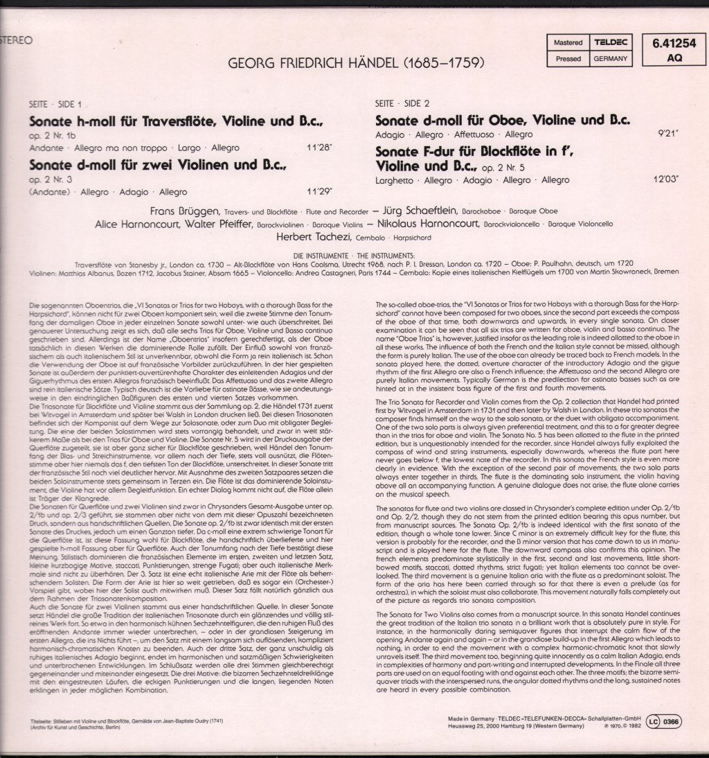 Frans Bruggen / Concentus Musicus / Nikolaus Harnoncourt - Georg Friedrich Handel - Triosonaten / Trio Sonatas - Lp