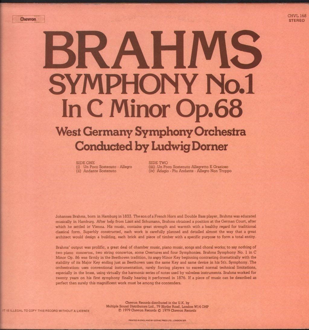 West Germany Symphony Orchestra / Ludwig Dorner - Brahms - Symphony No.1 In C Minor Op.68 - Lp