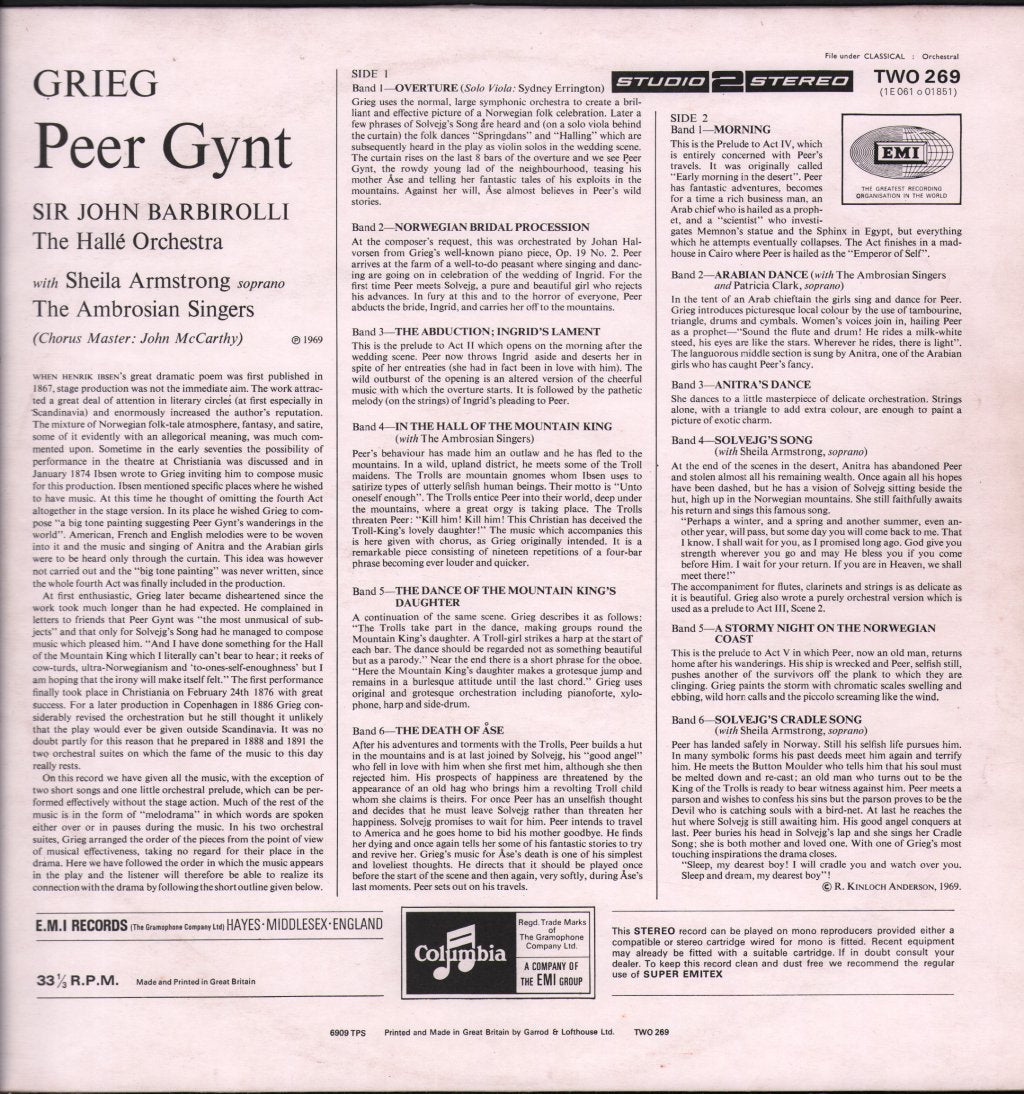 Sir John Barbirolli / Halle Orchestra / Sheila Armstrong / Ambrosian Singers - Grieg - Peer Gynt - Lp