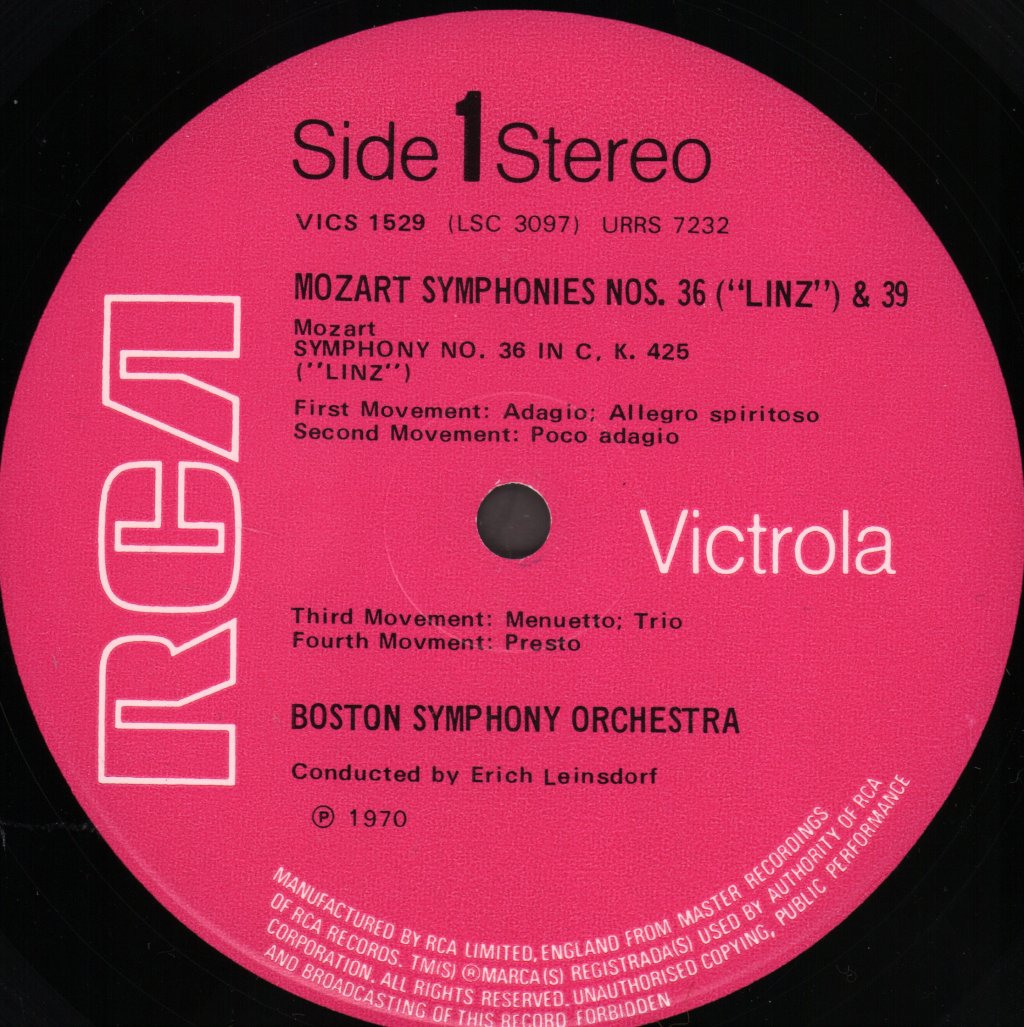 Erich Leinsdorf / Boston Symphony Orchestra - Mozart - Symphony No.36 In C / Symphony No.39 In E Flat - Lp