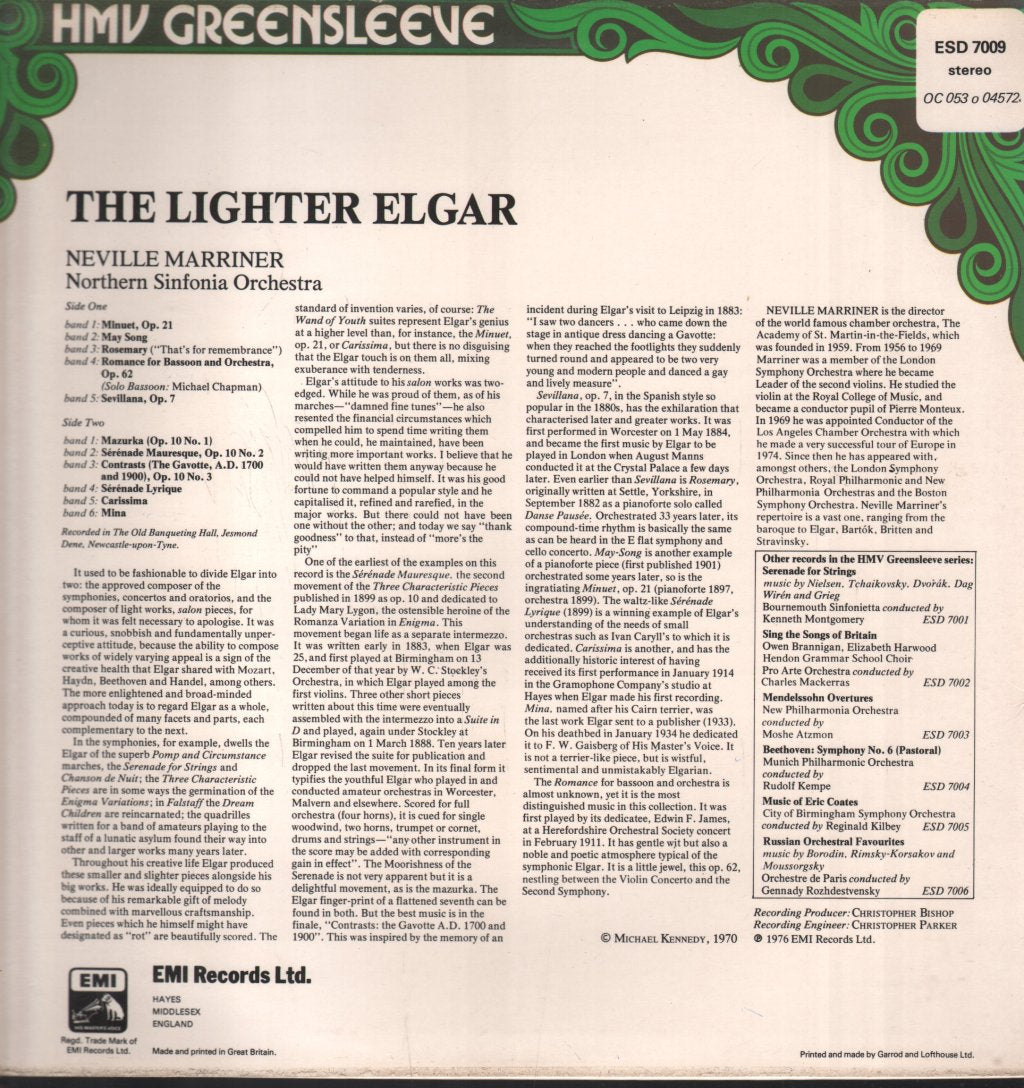 Neville Marriner / Northern Sinfonia Orchestra - Lighter Elgar - Lp