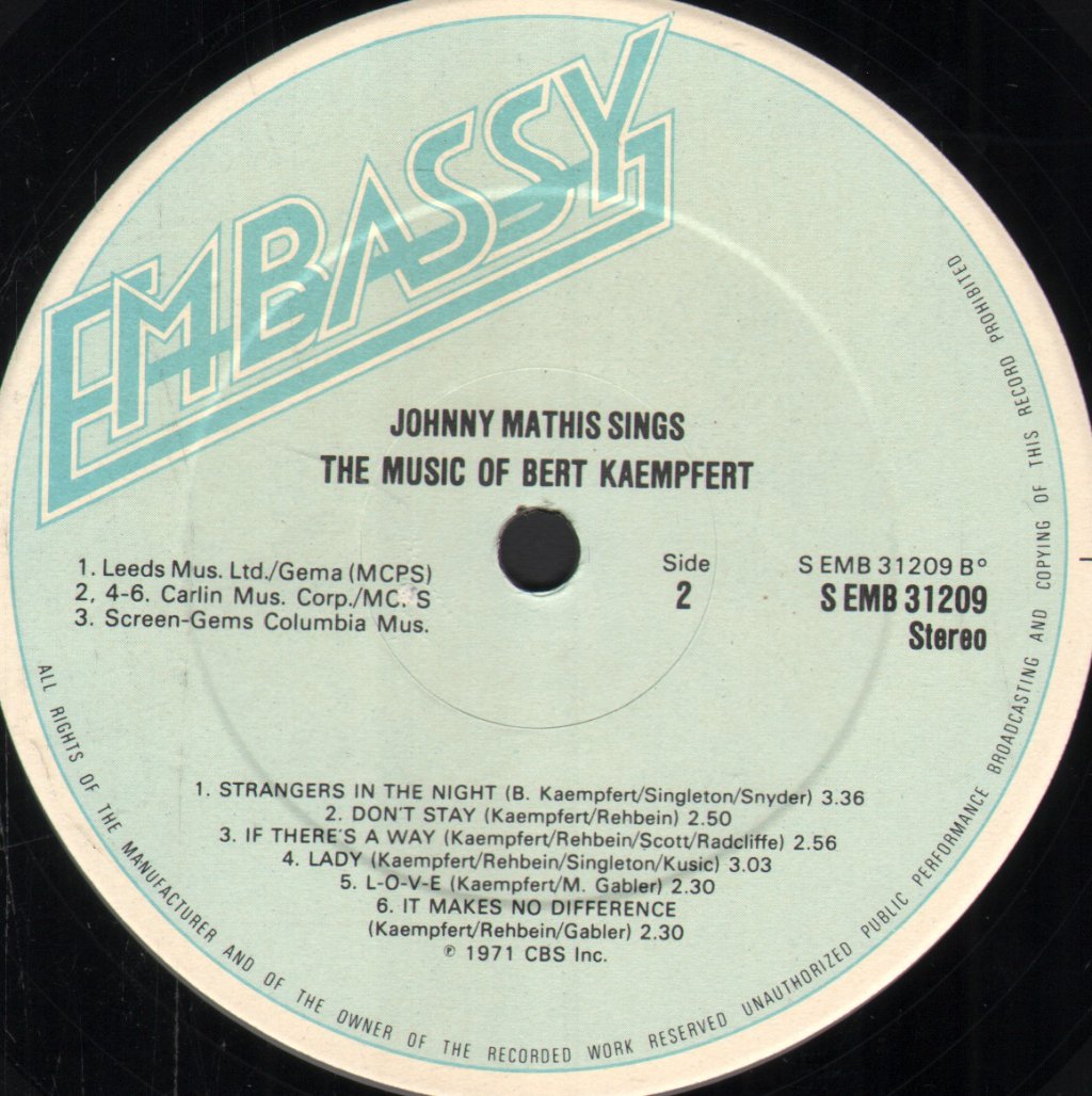 Johnny Mathis - Sings The Music Of Bert Kaempfert - Lp