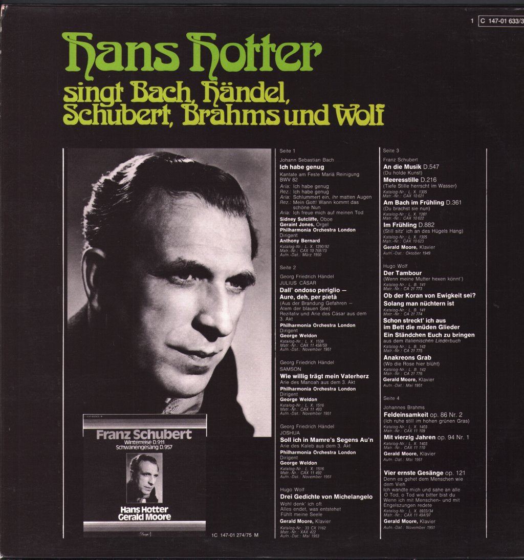 Hans Hotter - Singt Bach, Händel, Schubert, Brahms Und Wolf - Double Lp