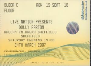 Dolly Parton - Hallam Fm Arena 24 March 2007 - Ticket
