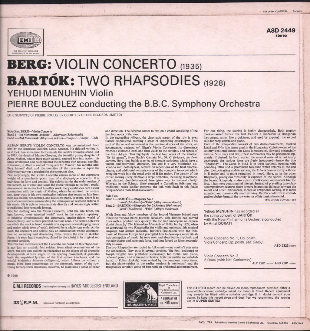 Yehudi Menuhin / Pierre Boulez / BBC Symphony Orchestra - Berg - Violin Concerto / Bartók - Two Rhapsodies - Lp