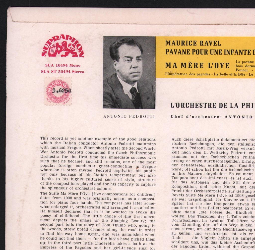Czech Philharmonic Orchestra / Antonio Pedrotti - Ravel - Ma Mere L´Oye / Pavane Pour Une Infante Défunte / De Falla - Noches En Los Jardines De España - Lp