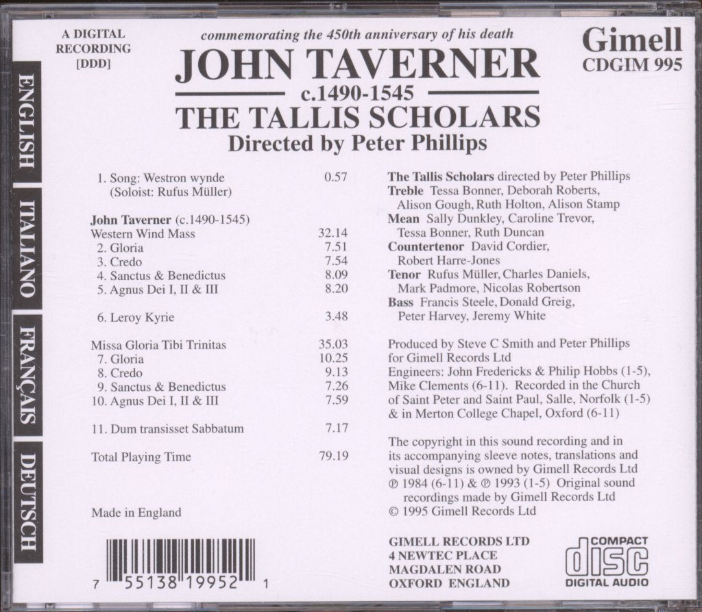 Tallis Scholars Directed By Peter Phillips - John Taverner Anniversary Album - Cd