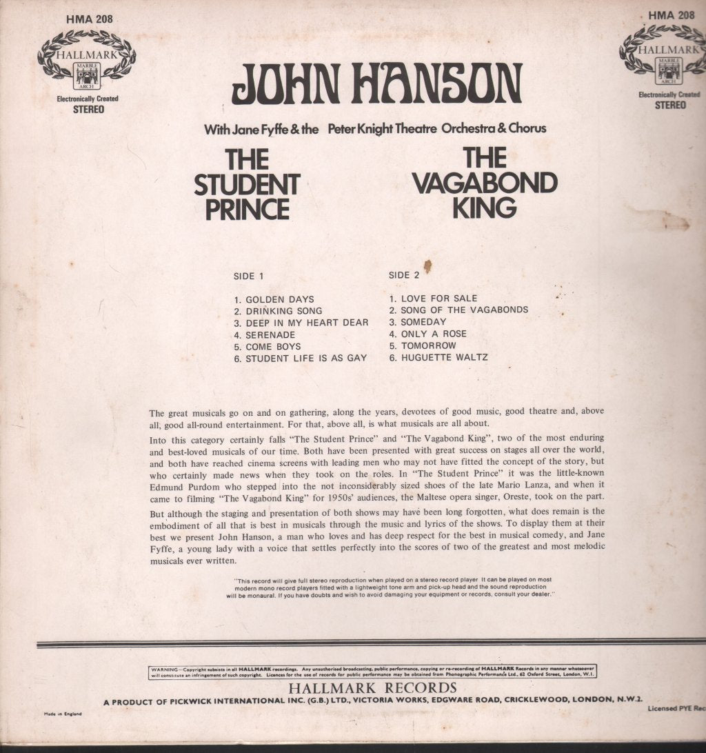 John Hanson - Student Prince/Vagabond King - Lp