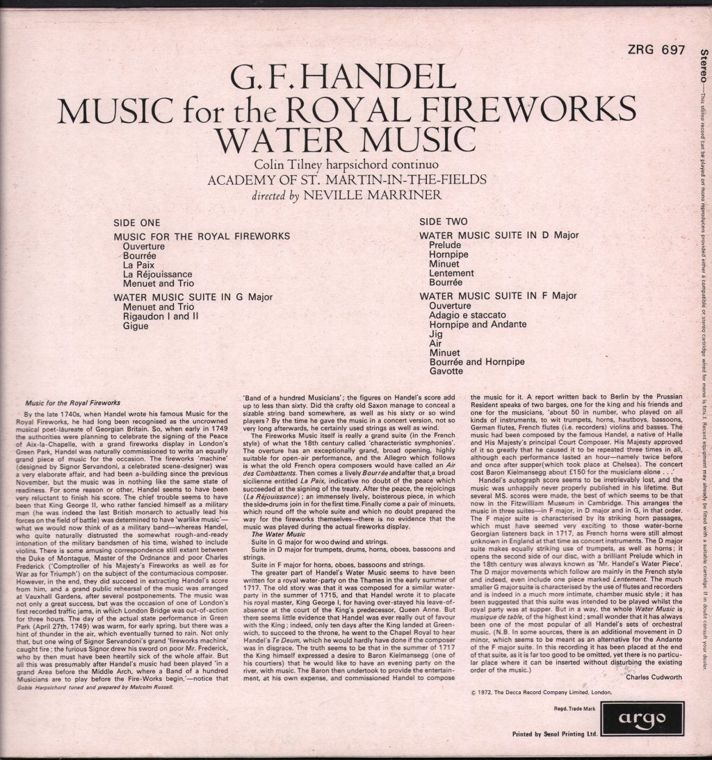 Neville Marriner / Academy Of St.Martin-In-The-Fields - Handel - Music For The Royal Fireworks / Water Music - Lp