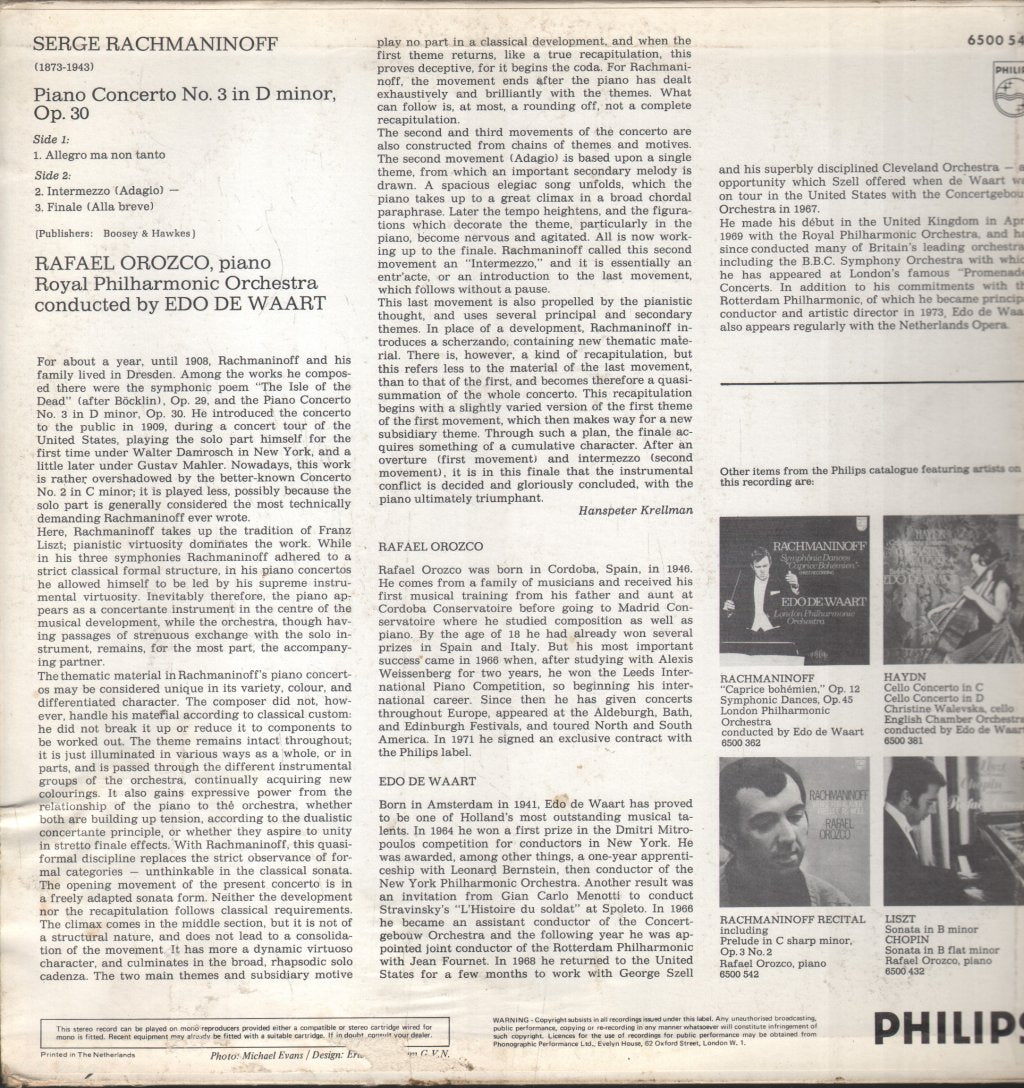 Rafael Orozco / Royal Philharmonic Orchestra / Edo de Waart - Rachmaninoff - Piano Concerto No.3 - Lp