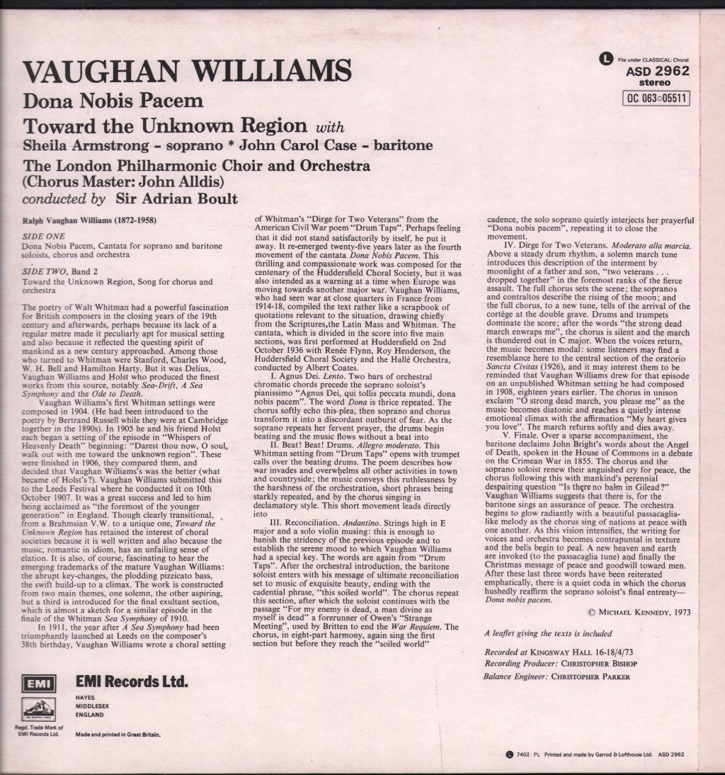 Sir Adrian Boult / London Philharmonic Orchestra & Choir - Vaughan Williams - Dona Nobis Pacem / Toward The Unknown Region - Lp