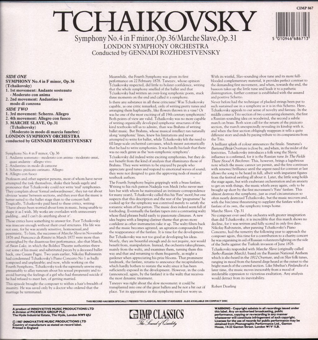 Gennadi Rozhdestvensky / London Symphony Orchestra - Tchaikovsky -Symphony No. 4 In F Minor, Op.36 / Marche Slave, Op.31 - Lp