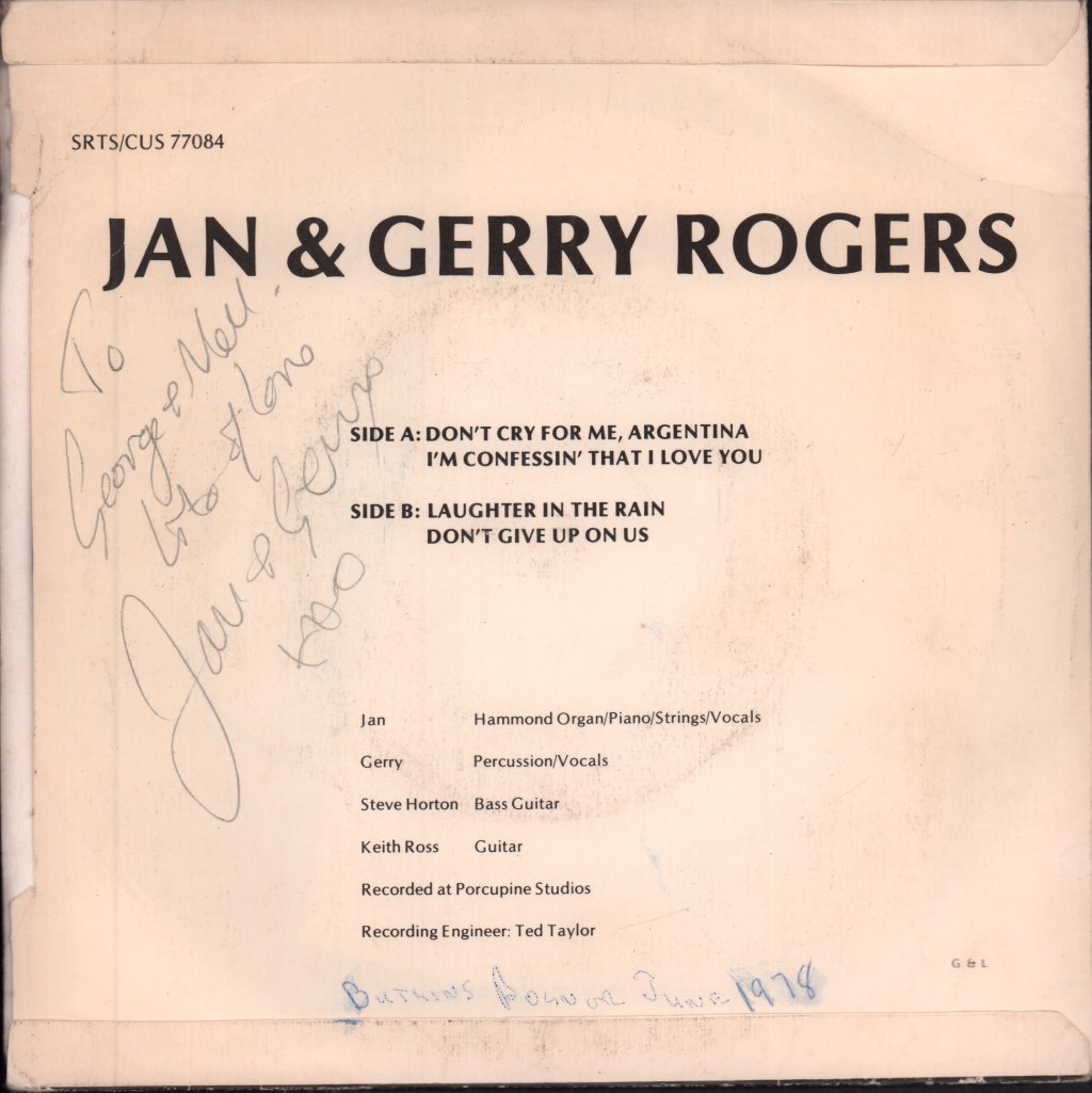 Jan And Gerry Rogers - Don't Cry For Me Argentina - 7 Inch