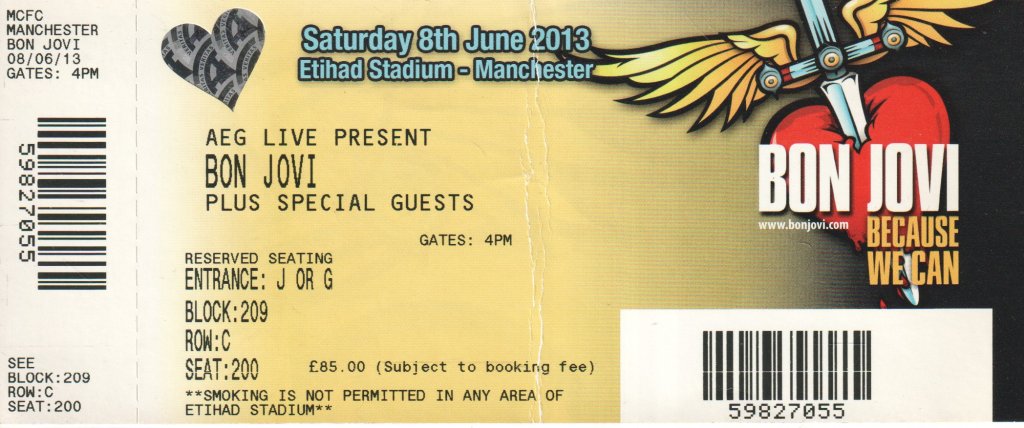 Bon Jovi - manchester etihad stadium 8th june 2013 - Ticket