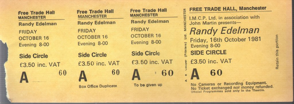 Randy Edelman - Free Trade Hall Manchester 16 October 1981 - Ticket