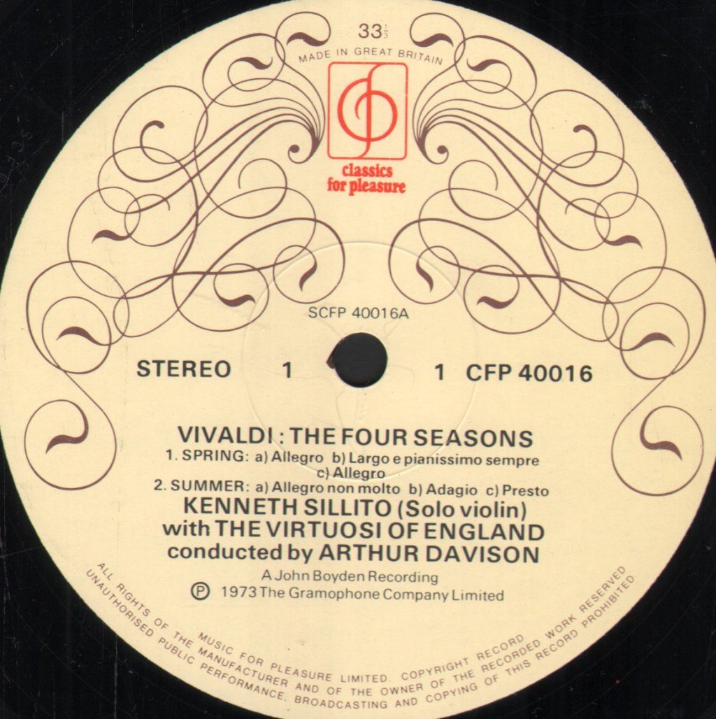 Kenneth Sillito / Virtuosi Of England / Arthur Davison - Vivaldi - Four Seasons - Lp