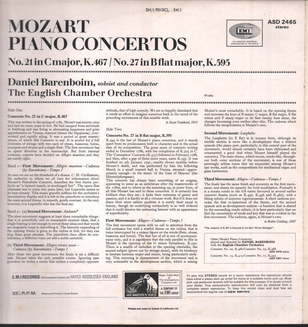 Daniel Barenboim / English Chamber Orchestra - Mozart Piano Concertos - Lp