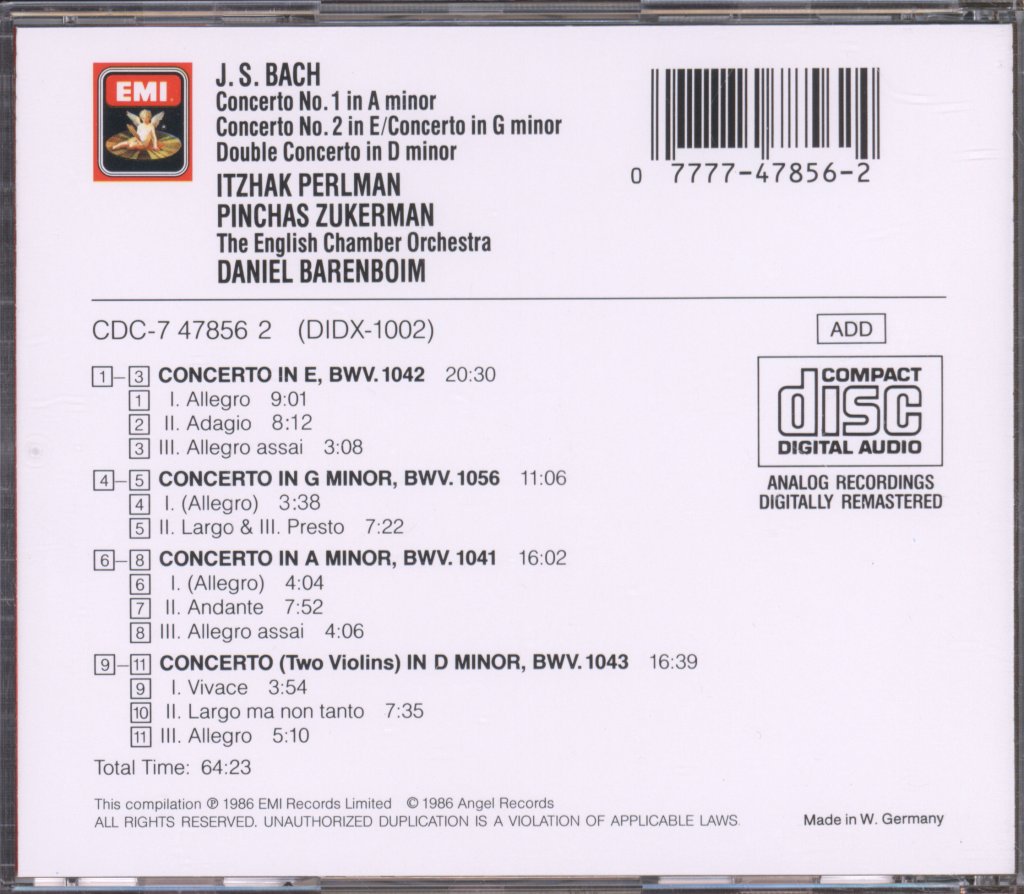 Daniel Barenboim, English Chamber Orchestra - Violin Concertos In A Minor, E, G Minor; Double Concerto In D Minor - Cd
