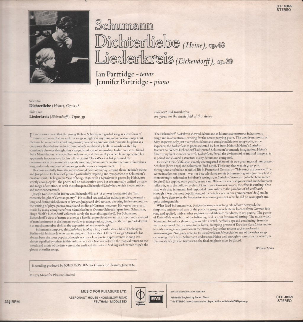 Ian Partridge / Jennifer Partridge - Ian Partridge sings Schumann's Dichterliebe, Op. 48 and Liederkreis, Op. 39, Jennifer Partridge, Piano - Lp