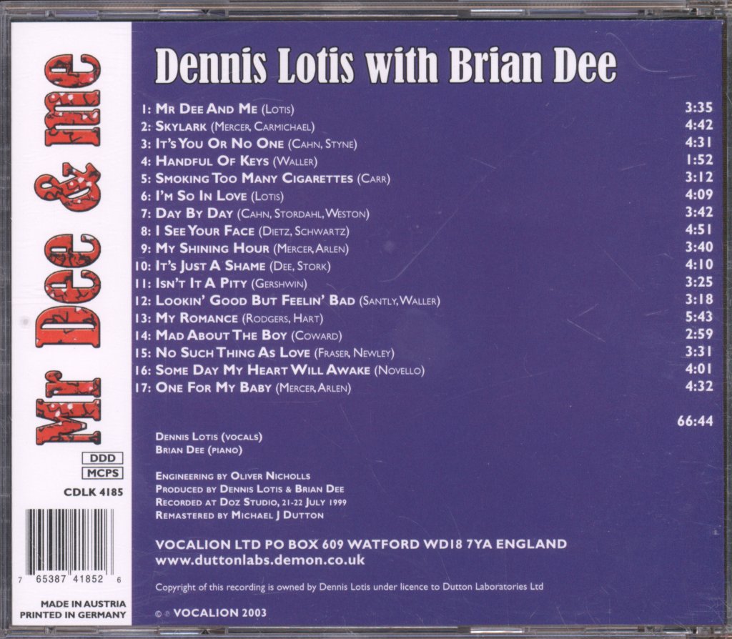 Dennis Lotis With Brian Dee - Mr Dee & Me - Cd