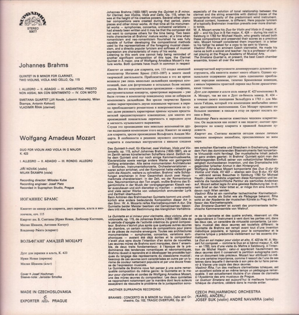 Smetana Quartet - brahms Quintet In B Minor Op. 115 / mozart Duo In G Major K. 423 - Lp