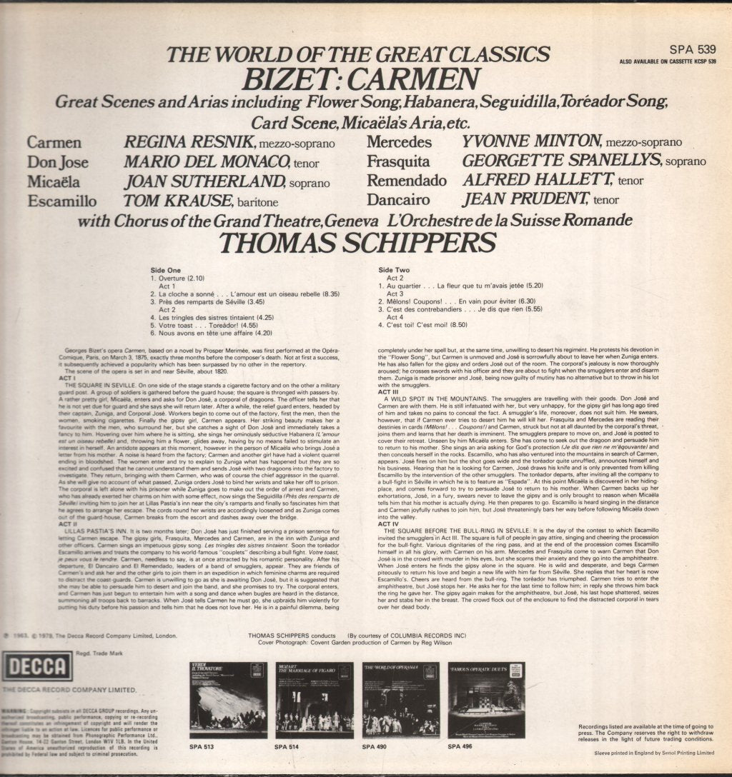 Regina Resnik / Mario Del Monaco / Joan Sutherland / Thomas Schippers - Bizet - Carmen - Great Scenes And Arias - Lp