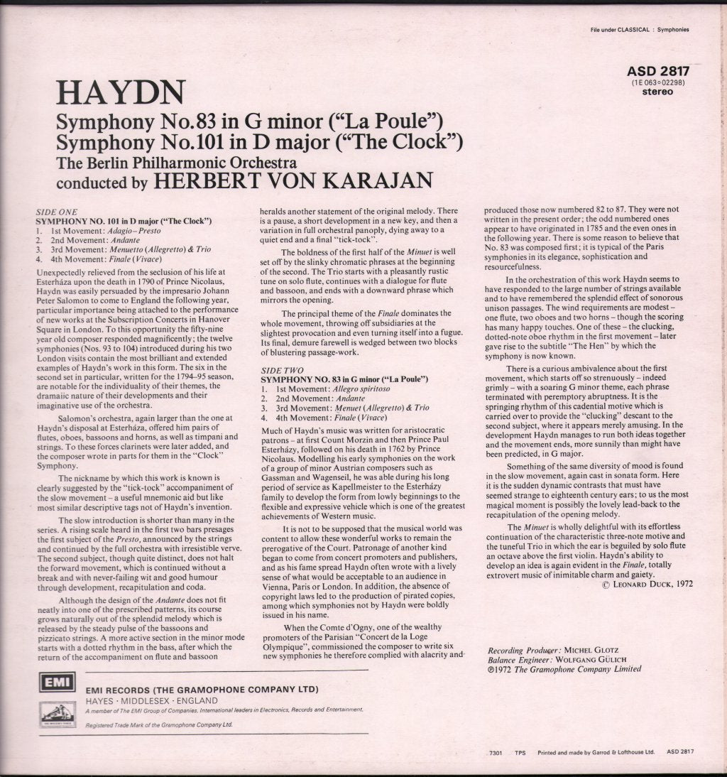 Herbert Von Karajan / Berlin Philharmonic Orchestra - Haydn - Symphonies No. 83 ("La Poule") / No. 101 ("The Clock") - Lp